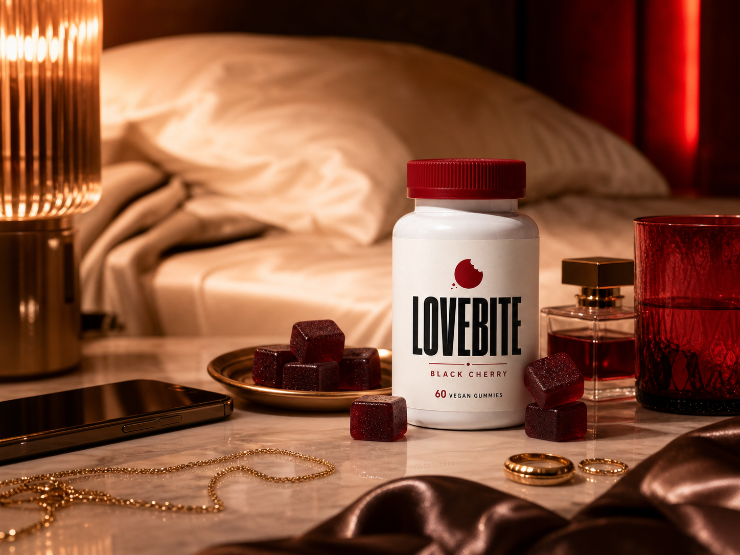 Lovebite bottle and black cherry gummies on a bedside table