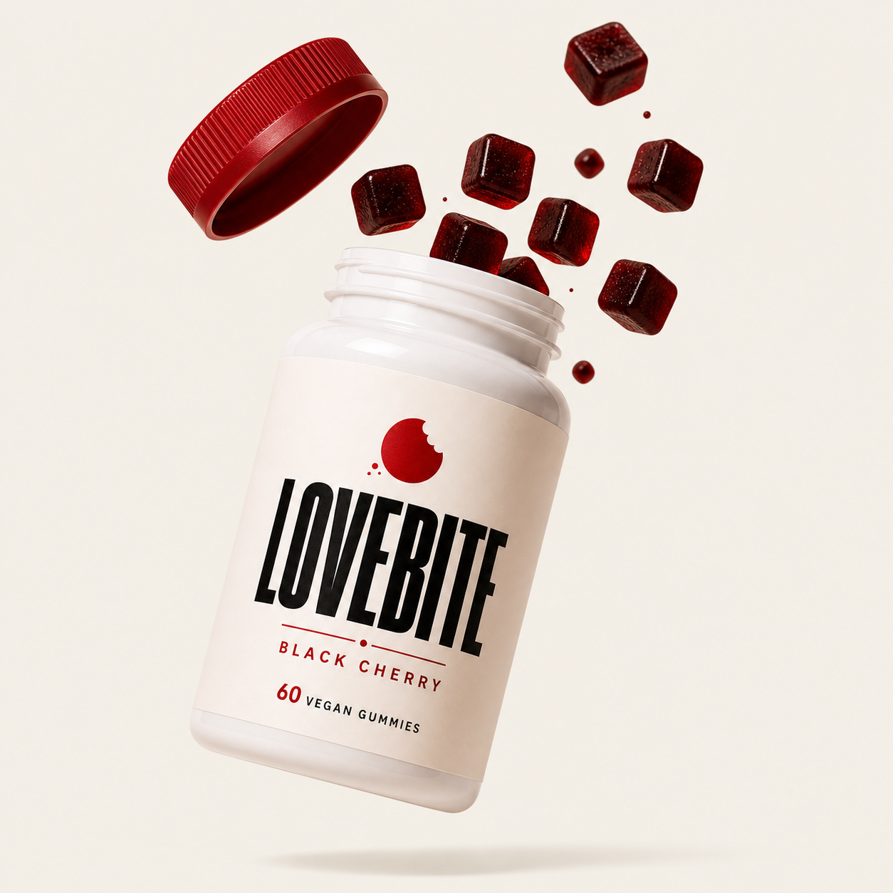 Lovebite Black Cherry gummies bottle with floating gummies